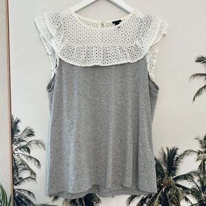 J Crew Eyelet Ruffle Bib Top White Lace Collar Heather Gray Blouse Shirt